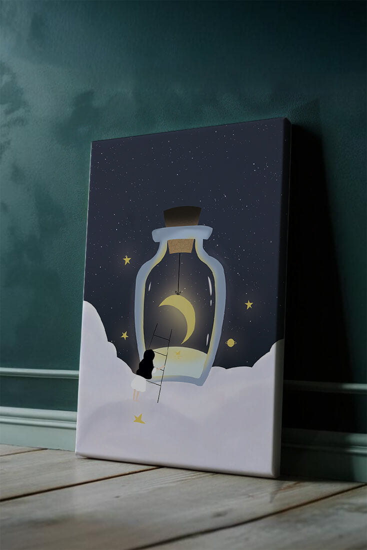 Fantasy Scene with Girl and Moon in a Bottle