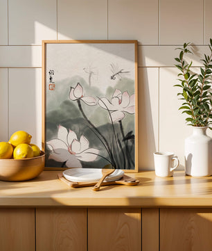 Delicate watercolor of lotus flowers with dragonfly in serene atmosphere