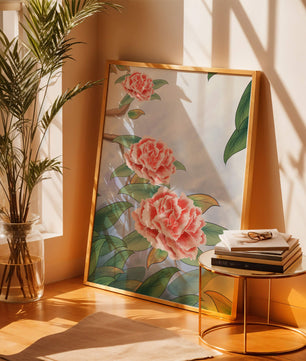 Illustrated pink carnations with green leaves in serene botanical art