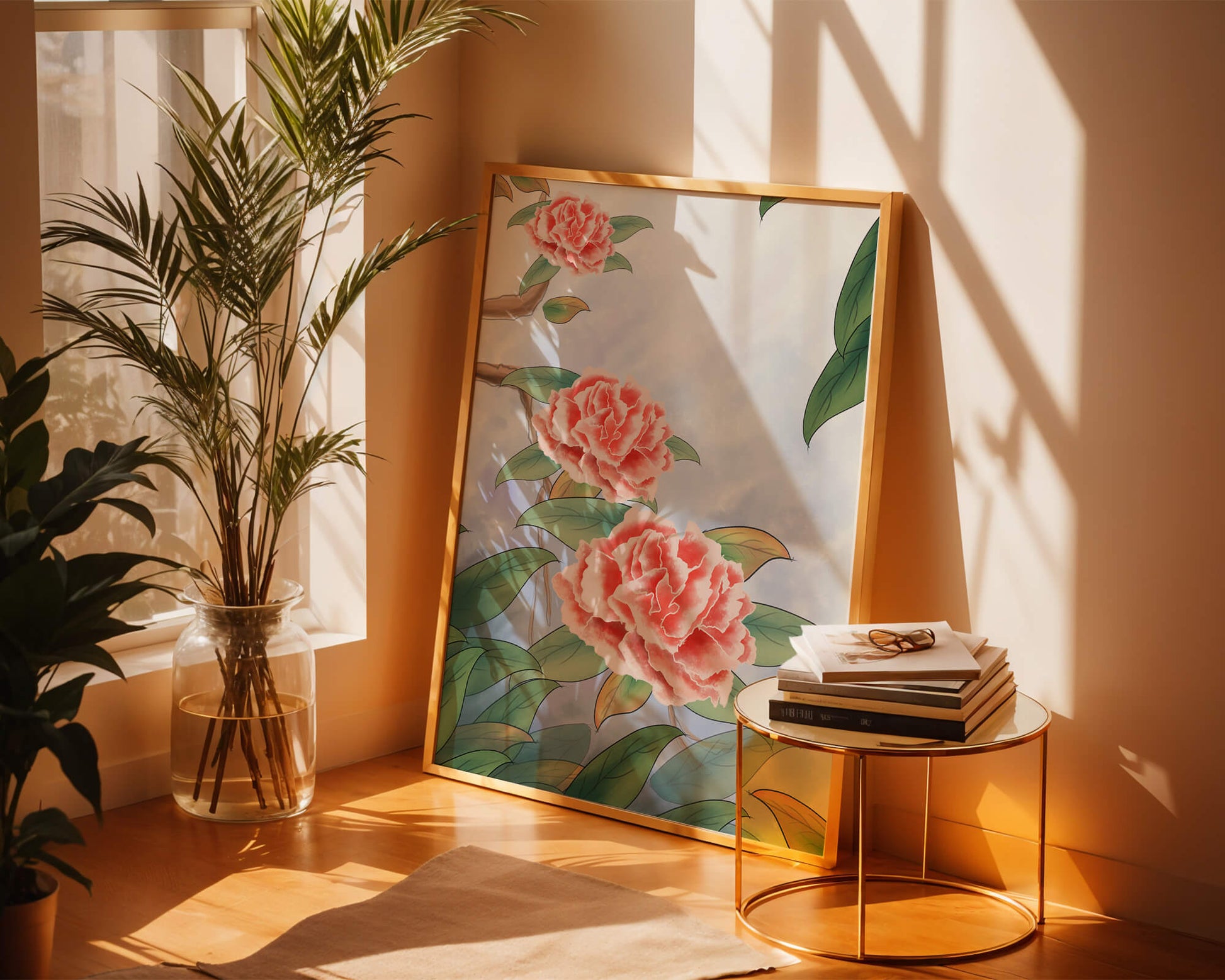 Illustrated pink carnations with green leaves in serene botanical art