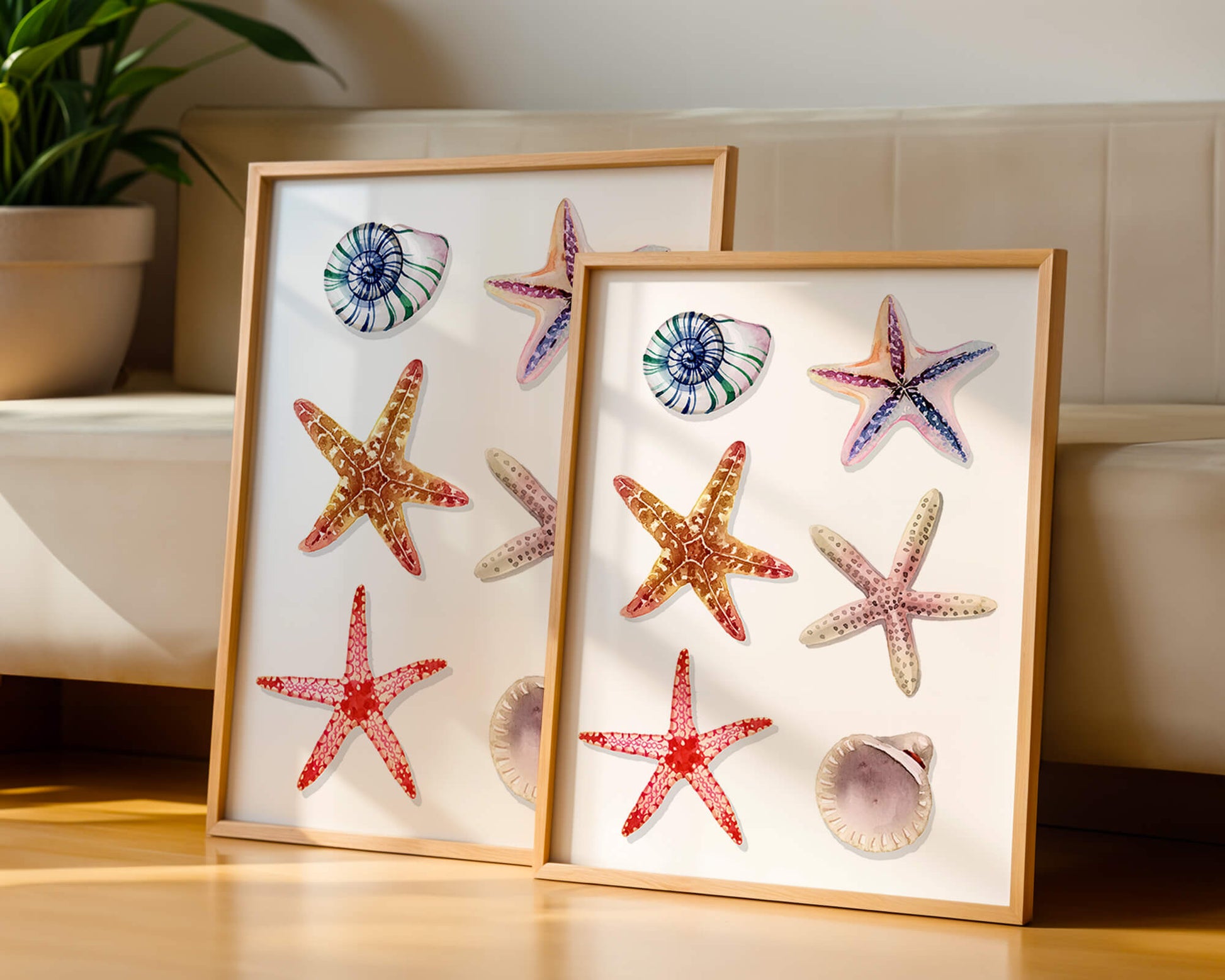 Watercolor collection of seashells and starfish illustration