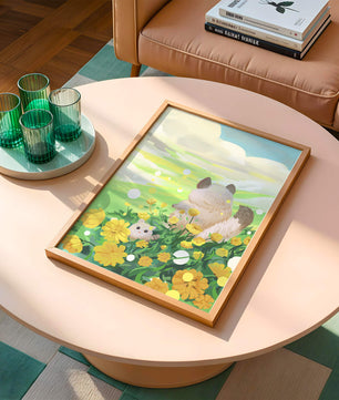 Whimsical Scene of Fluffy Cat and Kitten Among Yellow Flowers