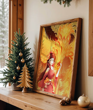 Elegante Darstellung einer Frau mit einem feurigen Phönix