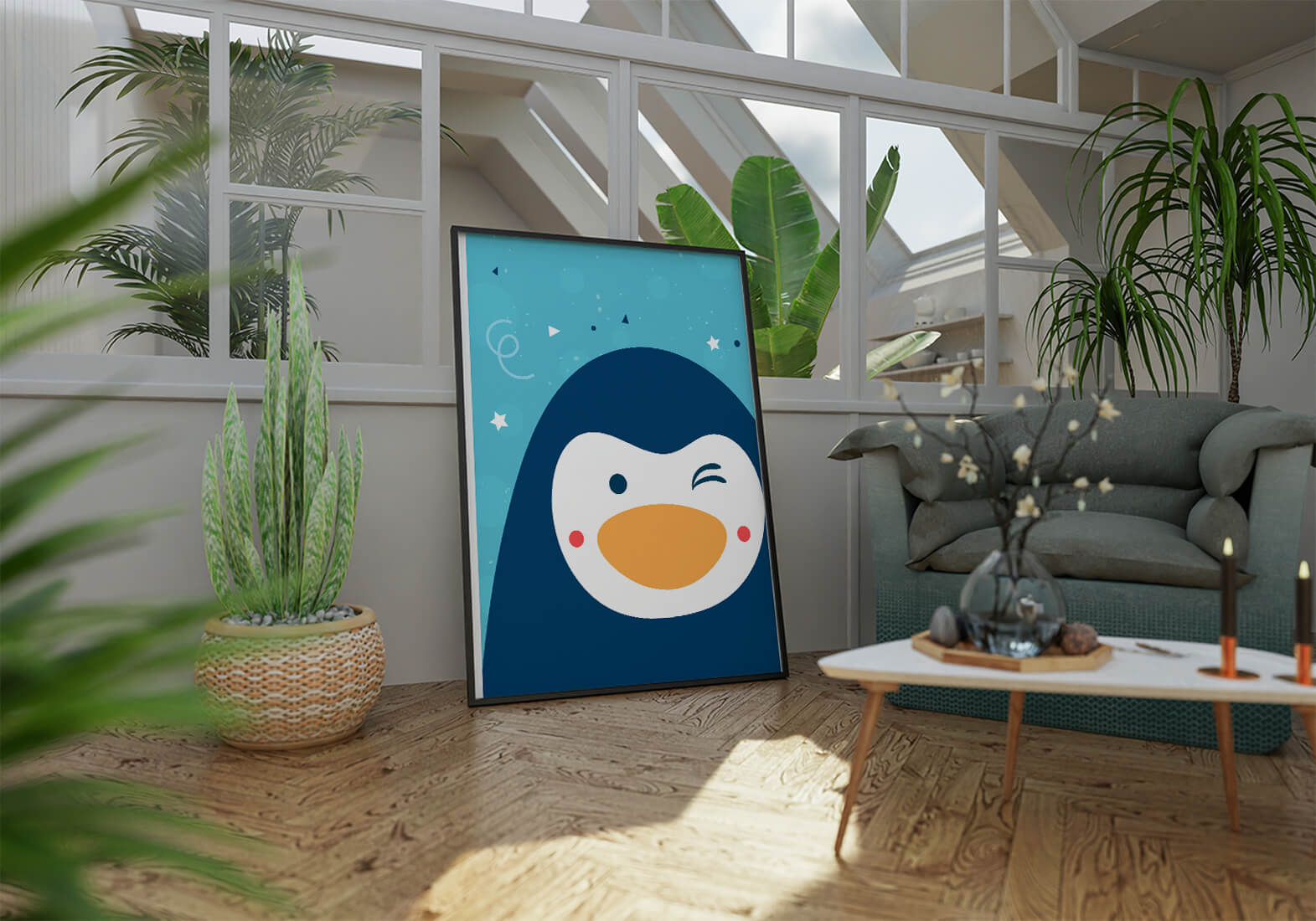 Pingüino de dibujos animados juguetón sobre un fondo azul caprichoso