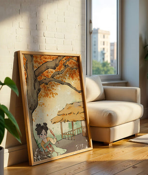 Escena de otoño con ilustración en estilo asiático tradicional