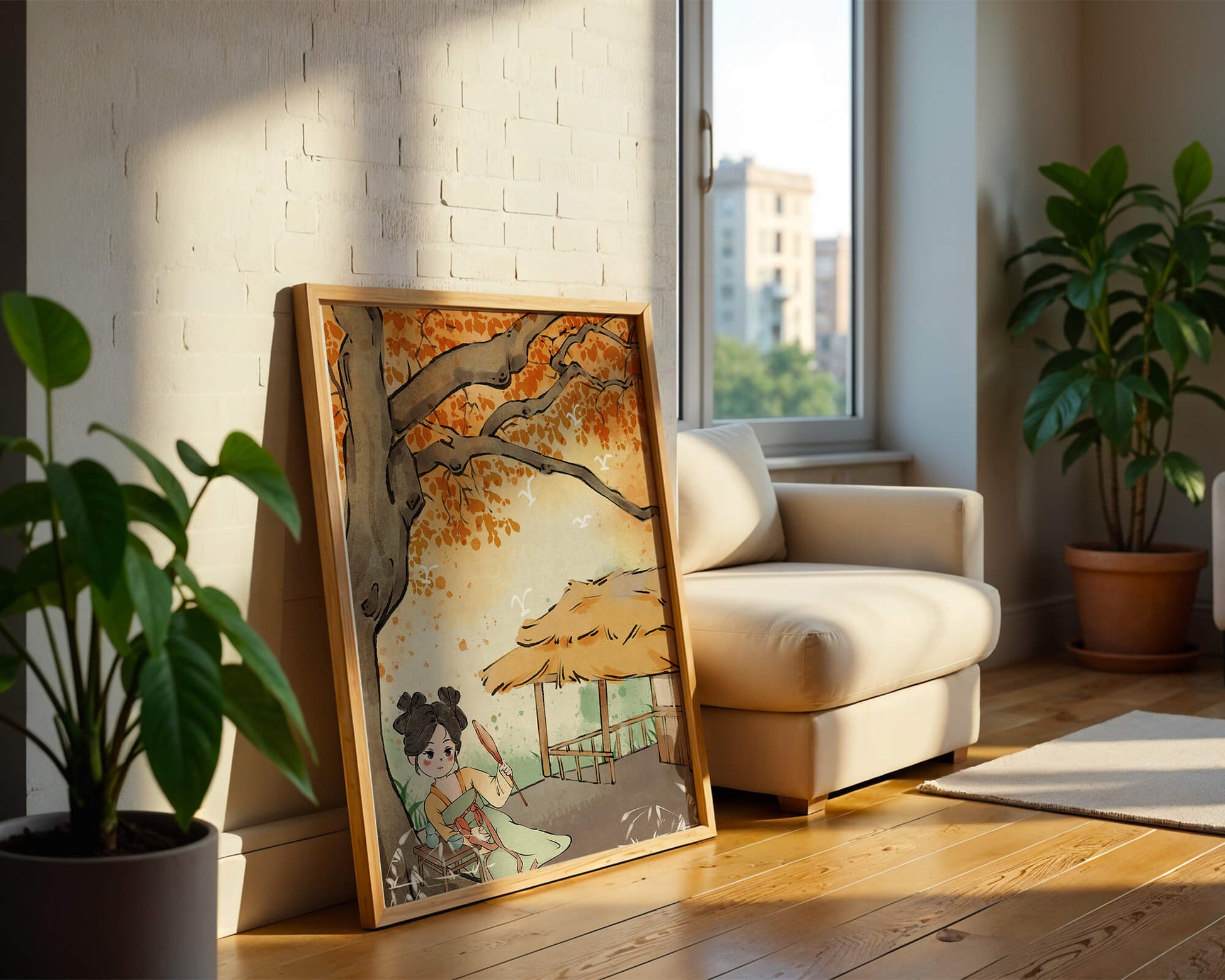 Escena de otoño con ilustración en estilo asiático tradicional