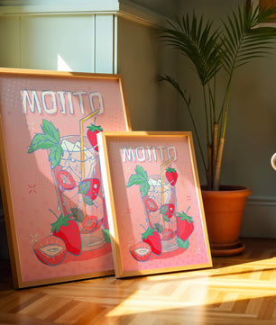 Ilustración de un mojito de fresa con fondo rosa vibrante y diseño juguetón
