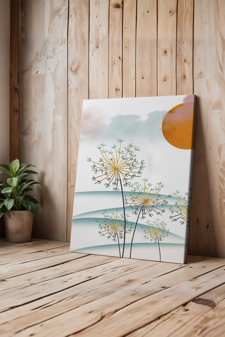 Abstrakte Landschaft mit Löwenzahn und orangefarbener Sonne
