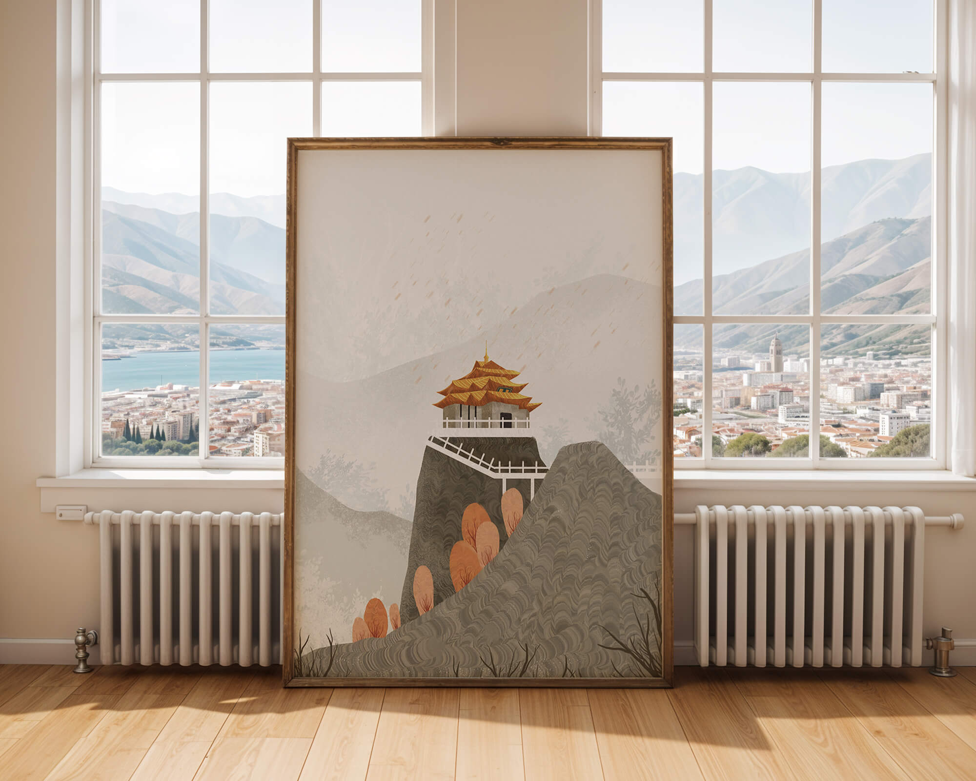 Serene mountain landscape with traditional Asian architecture