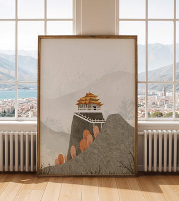 Serene mountain landscape with traditional Asian architecture