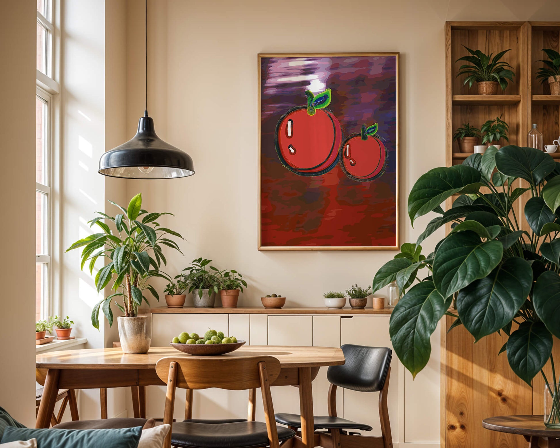 Dos manzanas abstractas con fondo colorido