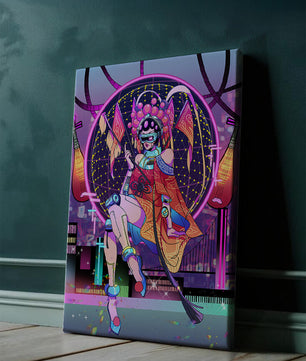 Personaje futurista con atuendo tradicional asiático y telón de fondo de ciudad neón