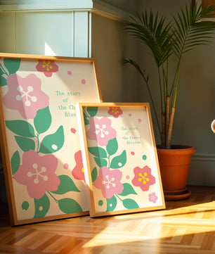 Florale Illustration mit Kirschblüten und grünen Blättern