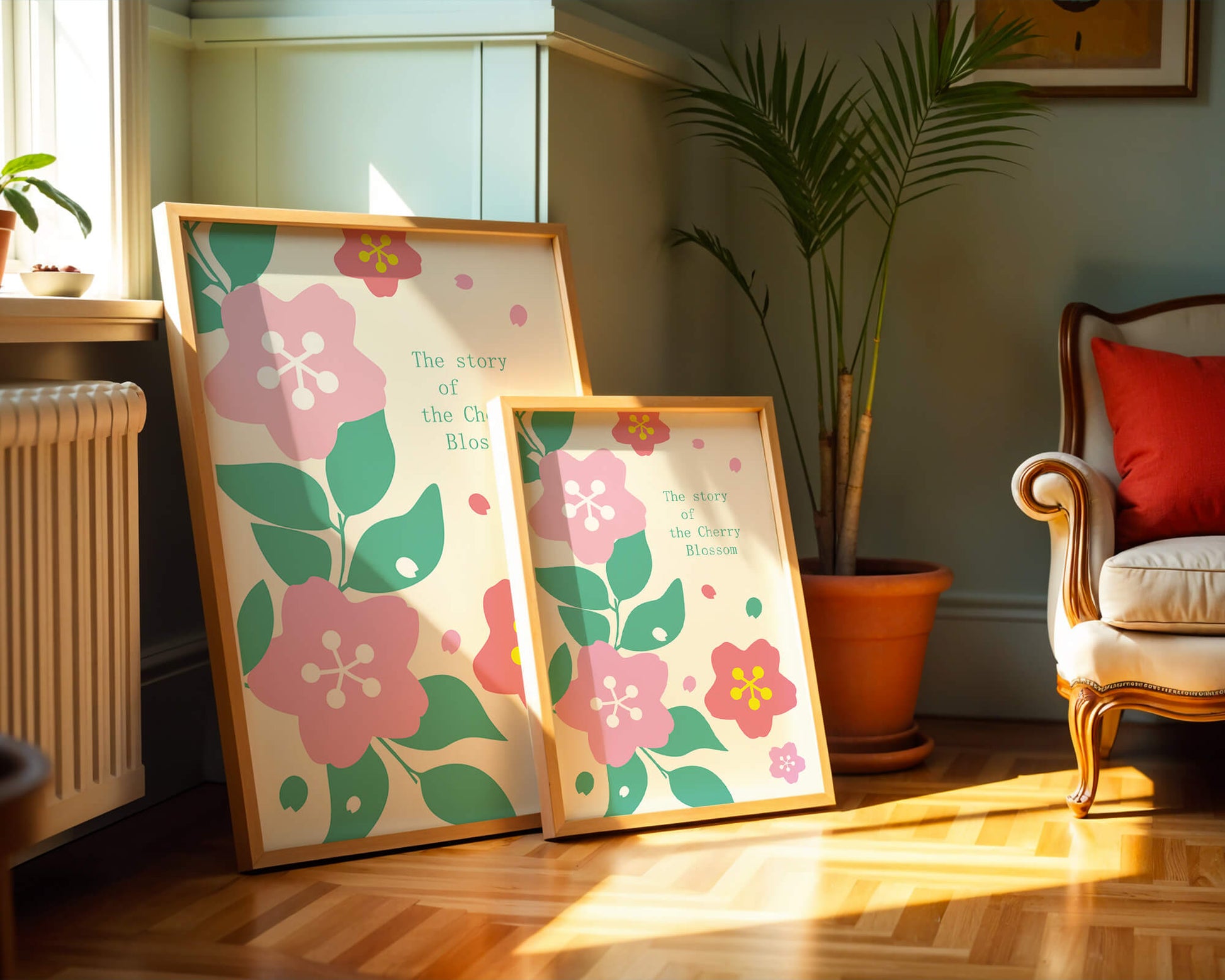 Floral illustration with cherry blossoms and green leaves