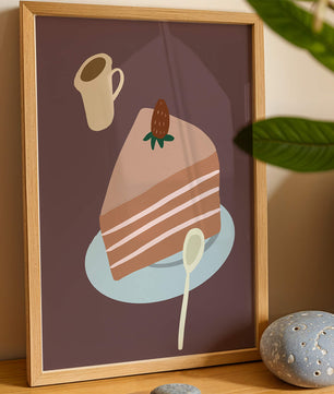 Ilustración de una porción de pastel con fresa y café