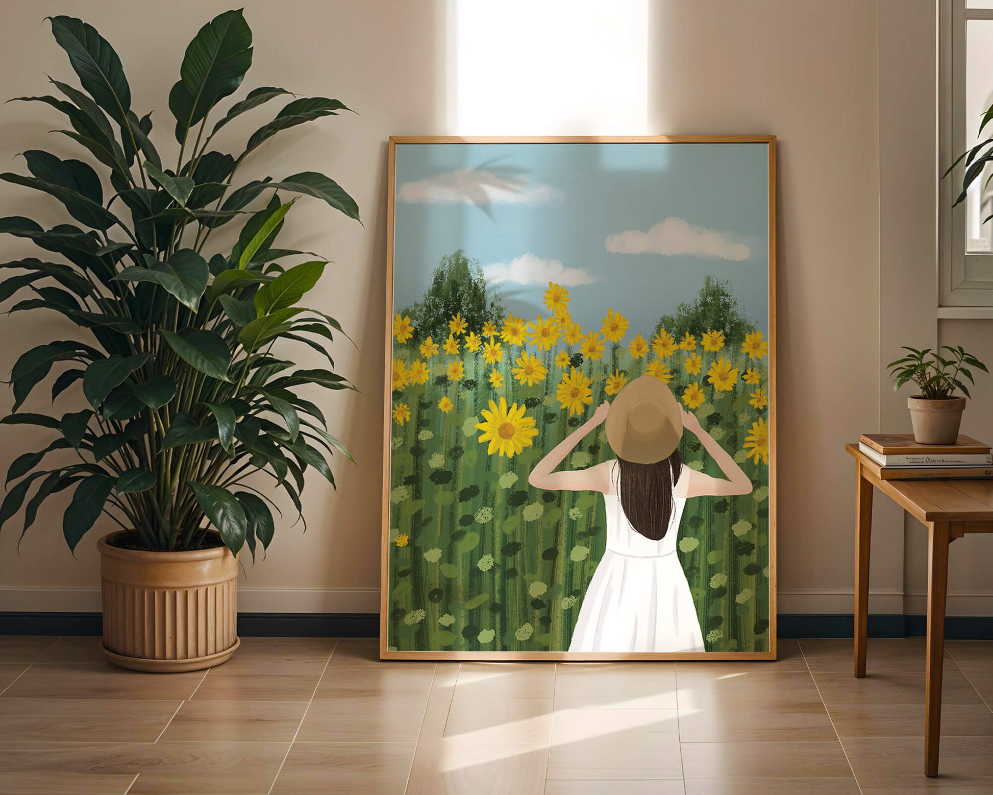 Mujer con vestido blanco admirando un campo de girasoles