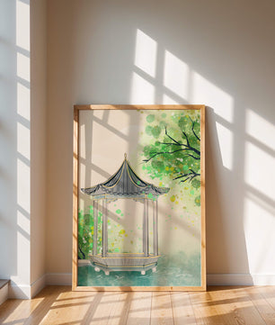 Serene garden pavilion amidst lush green trees and calm waters