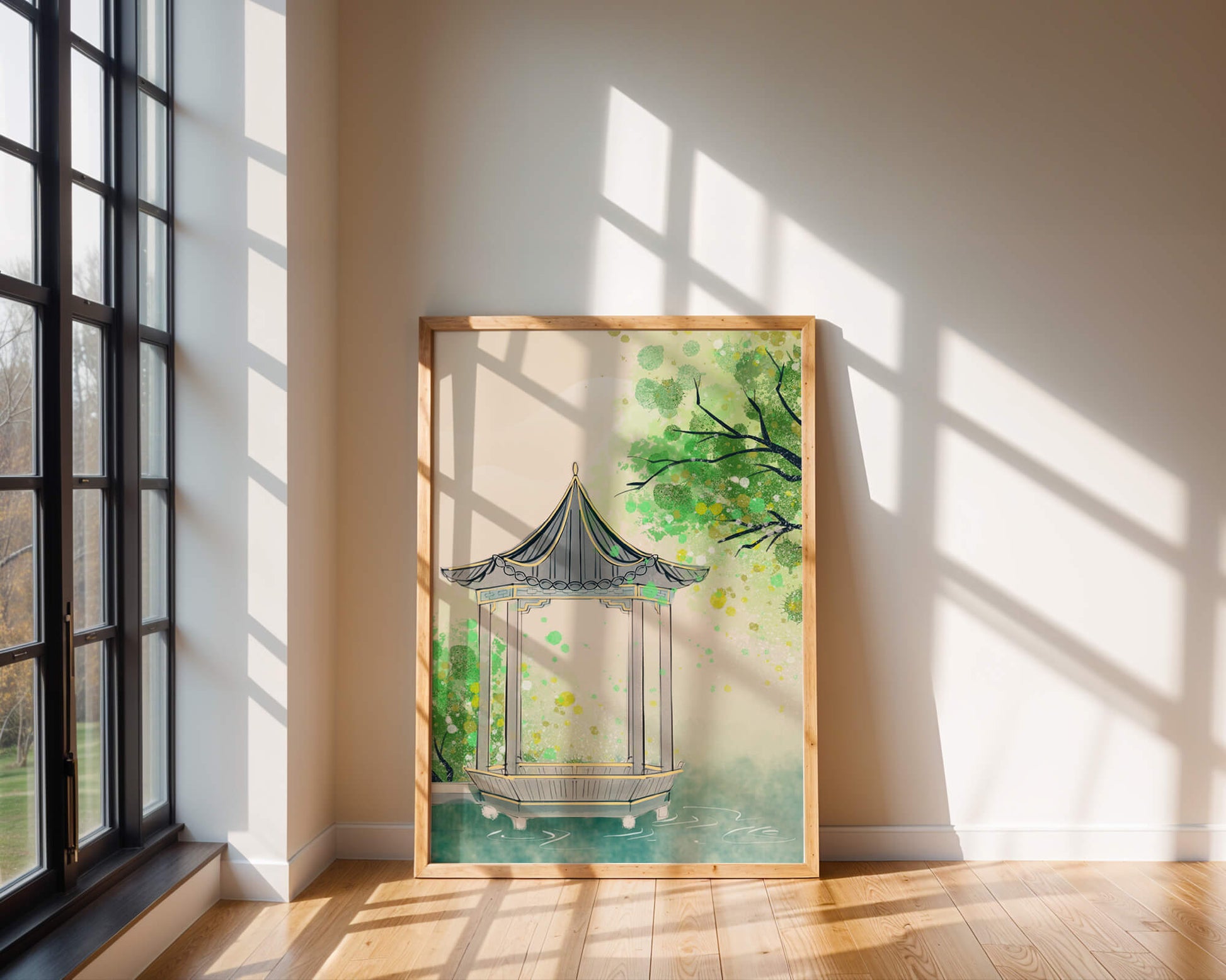 Serene garden pavilion amidst lush green trees and calm waters