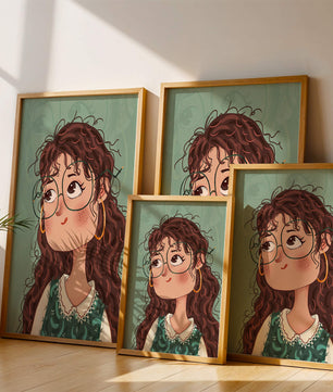 Illustration of a Thoughtful Girl with Glasses and Curly Hair