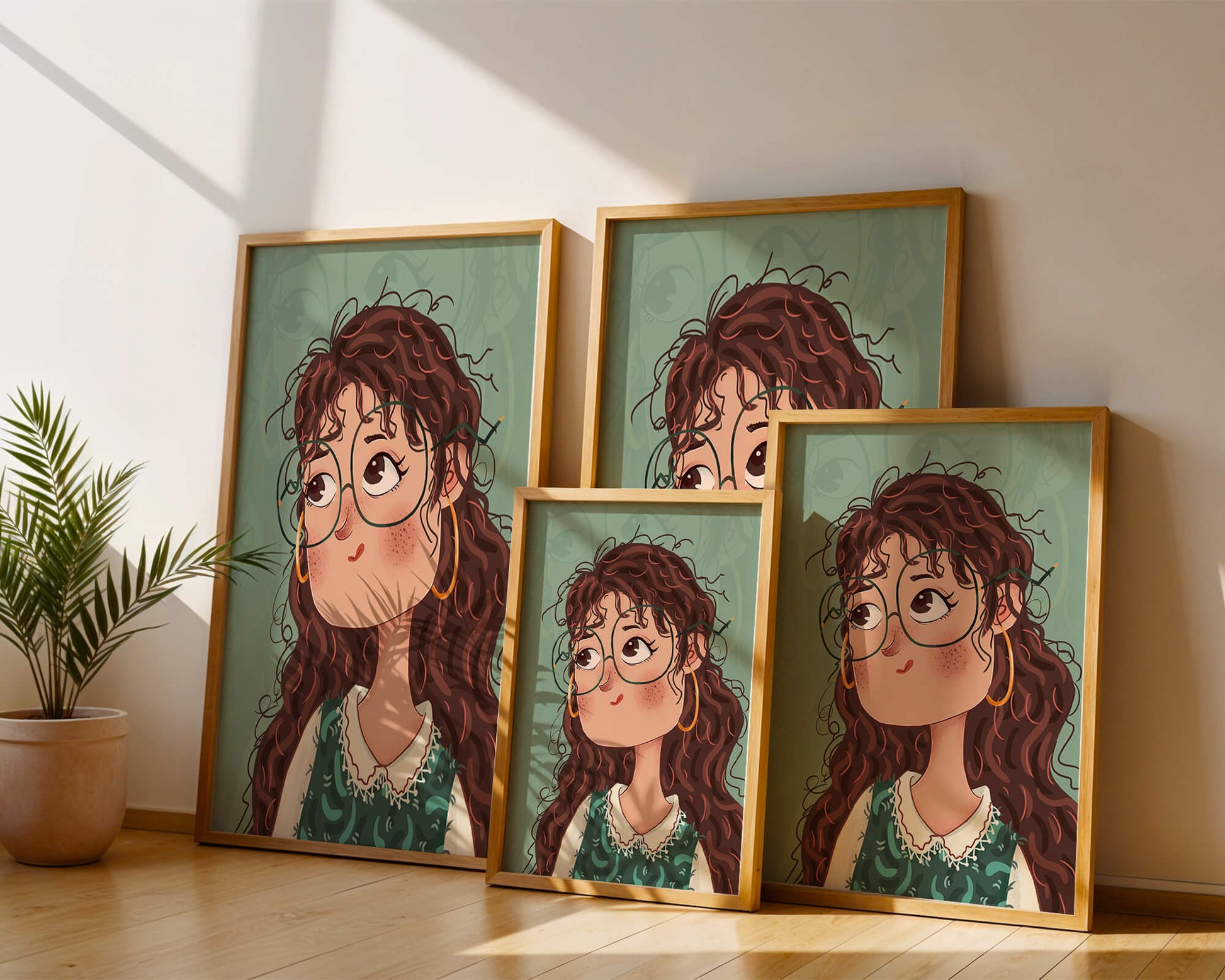 Ilustración de una chica pensativa con gafas y pelo rizado