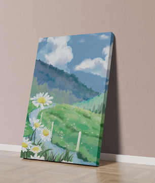Meadow with Daisies Under Bright Blue Sky