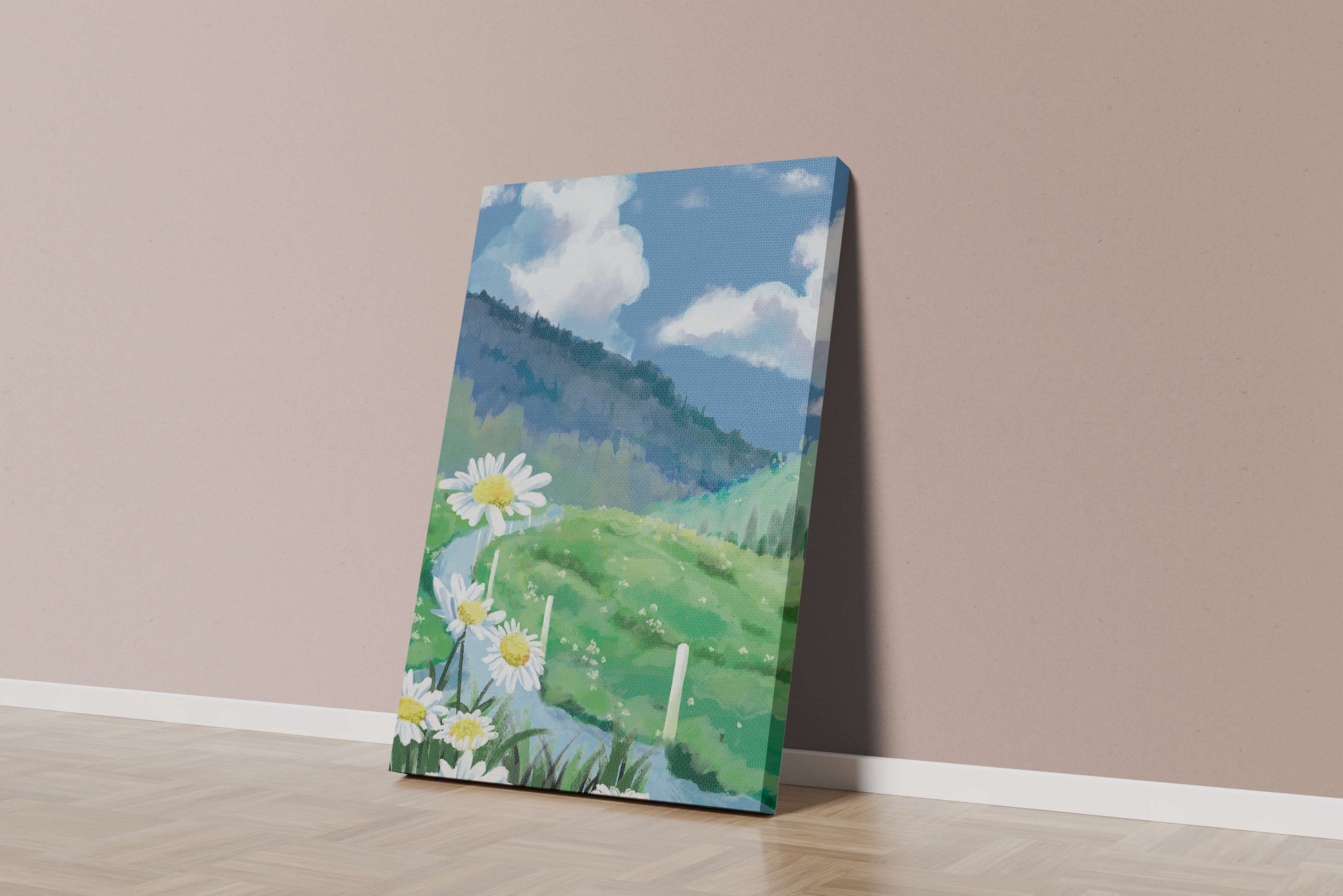 Meadow with Daisies Under Bright Blue Sky