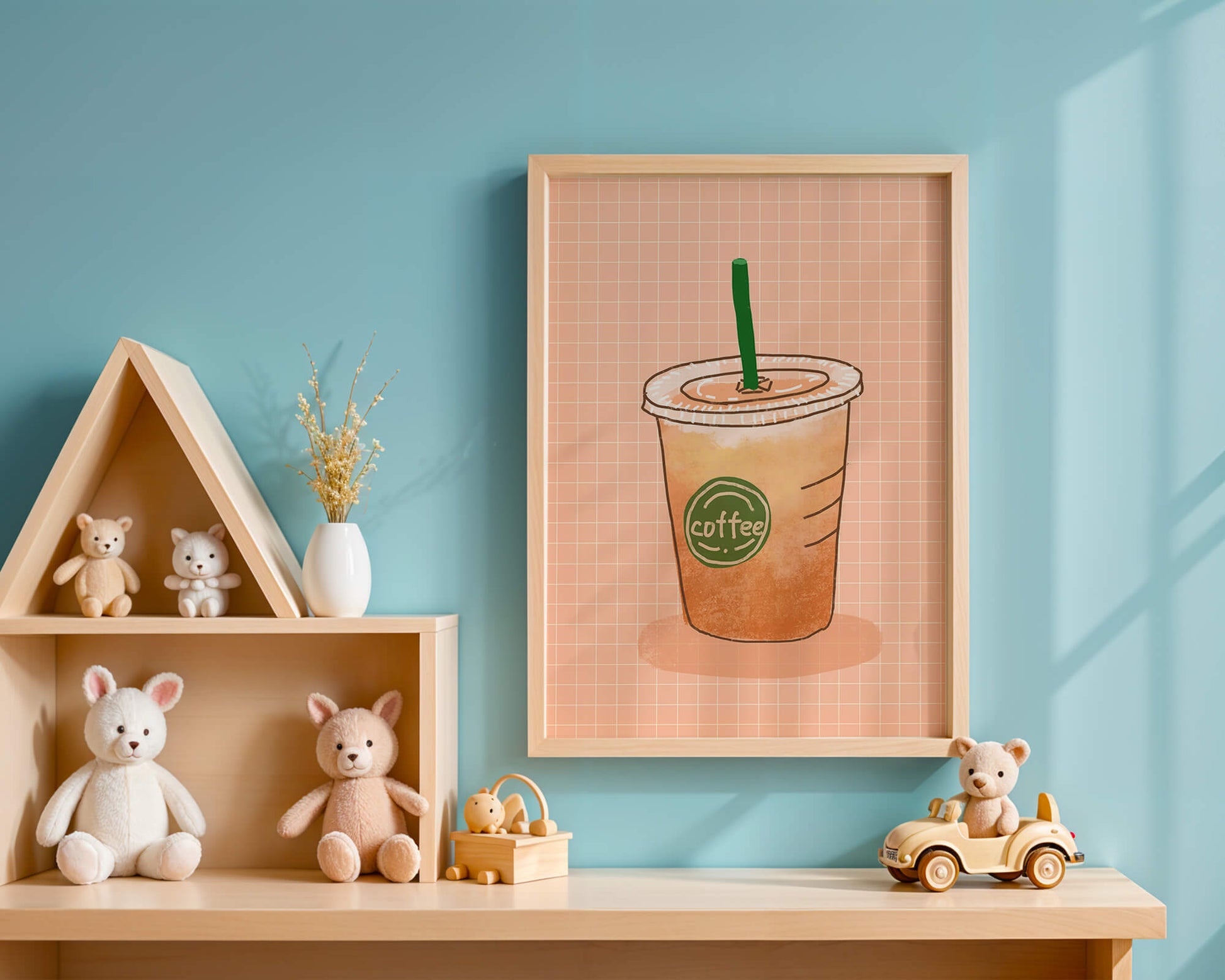 Illustrated iced coffee cup on peach grid background