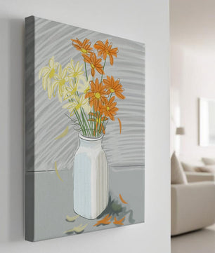Vibrant daisies in a white vase illustration