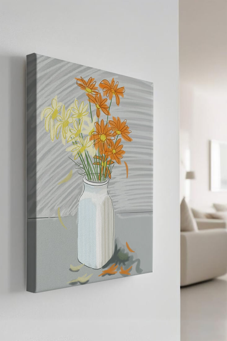 Vibrant daisies in a white vase illustration