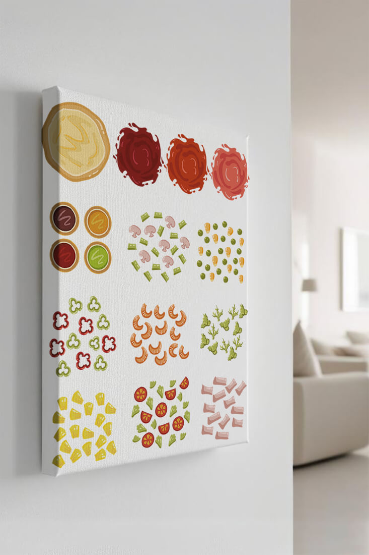 Illustration of various pizza ingredients and toppings