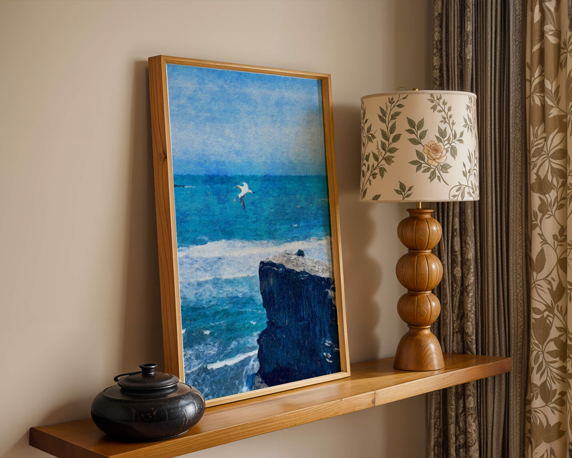 Seascape with soaring seagull over rocky cliff and ocean waves