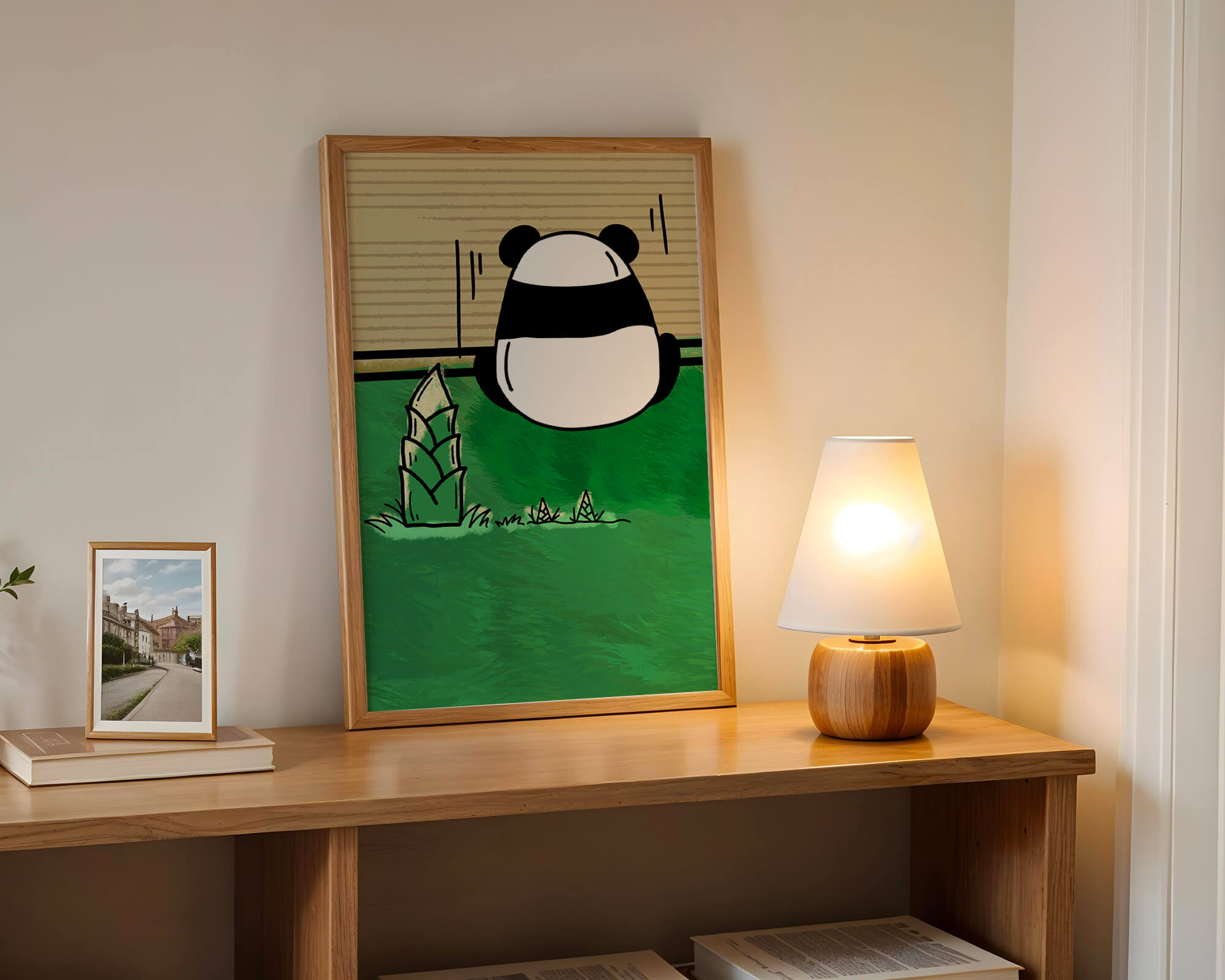 Whimsical panda in a green bamboo forest background