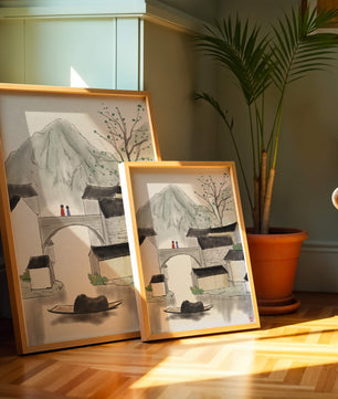 Serene mountain village ink painting with bridge and boat