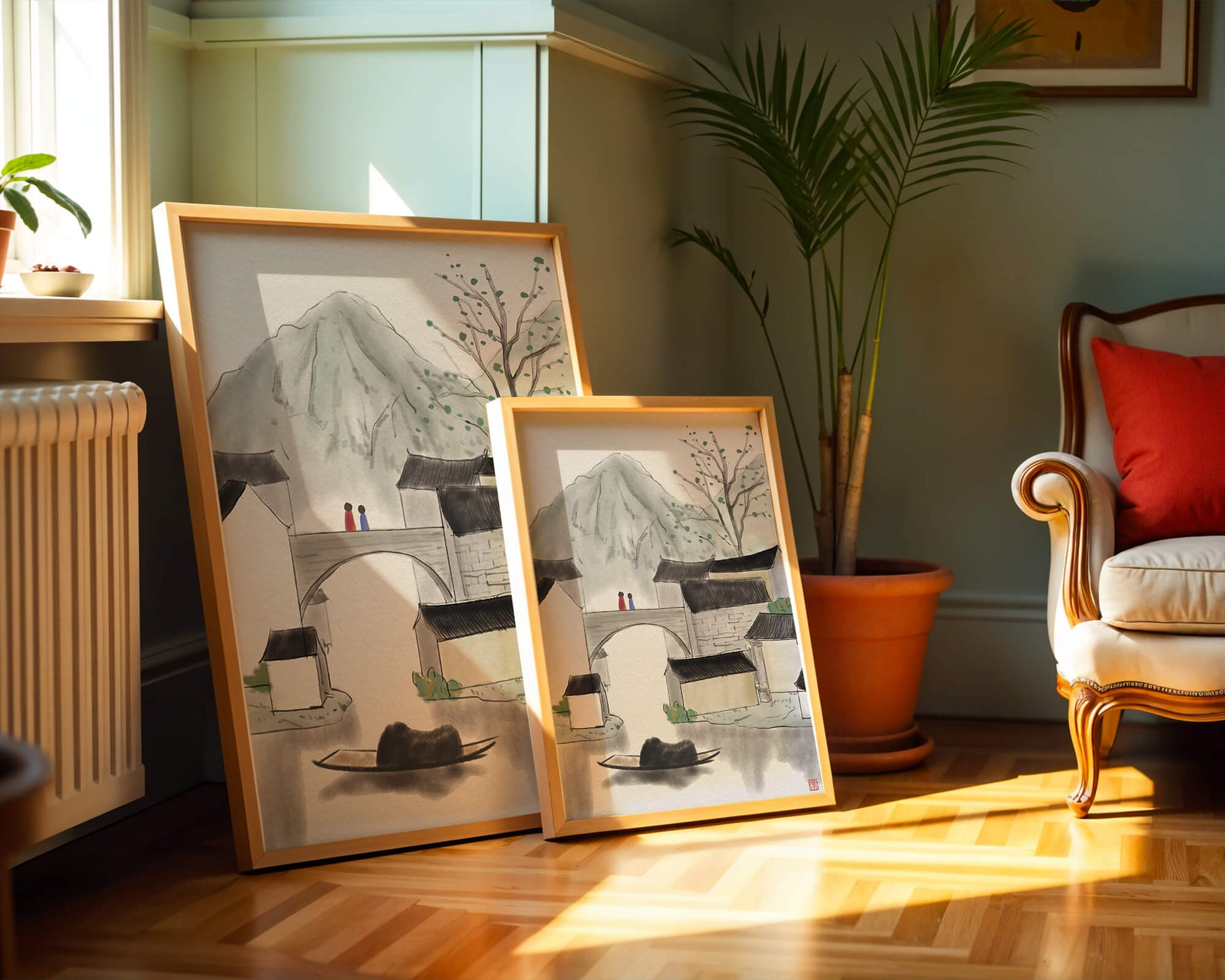 Pintura de tinta de un tranquilo pueblo montañoso con puente y barco