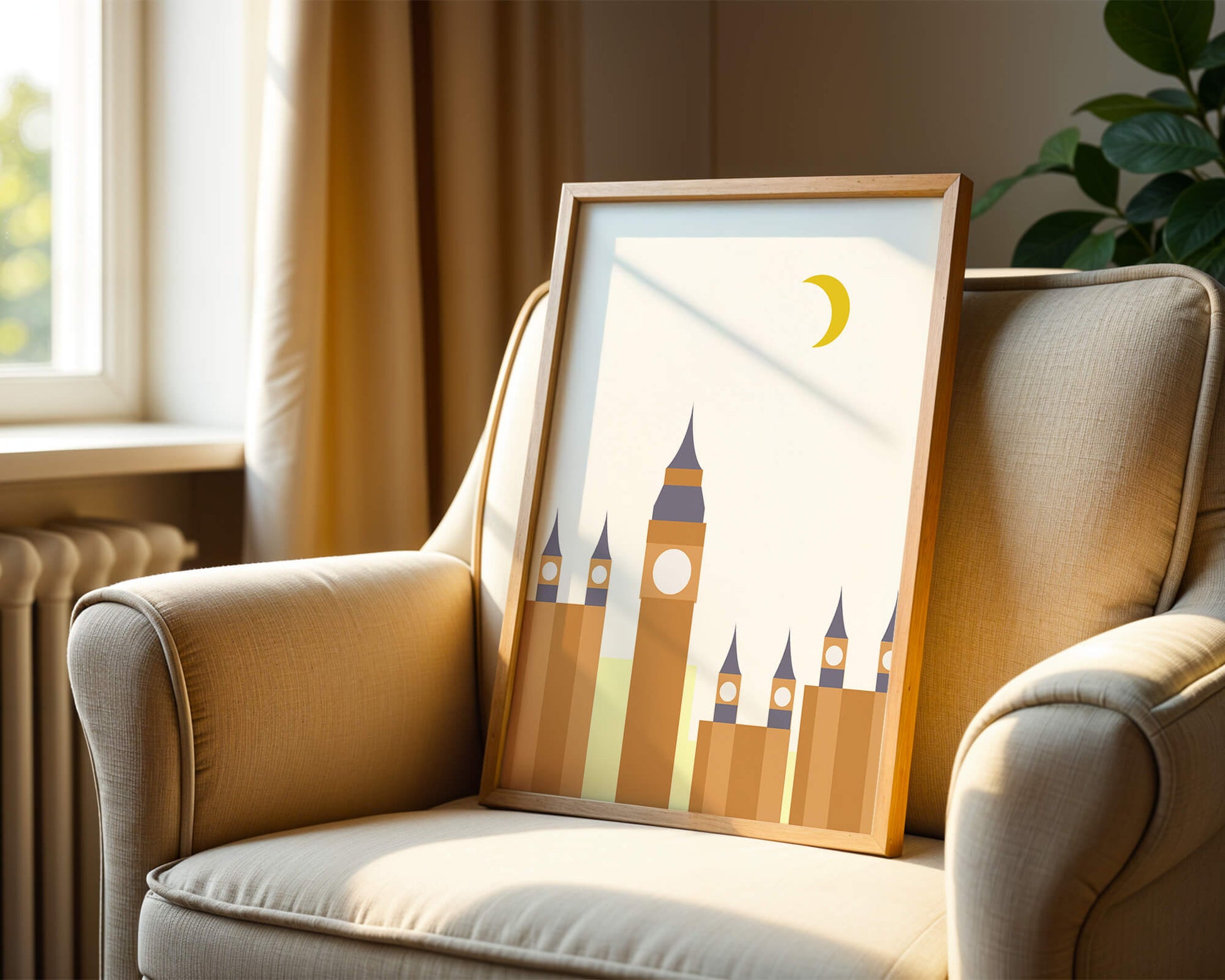 Minimalist illustration of iconic clock tower with crescent moon