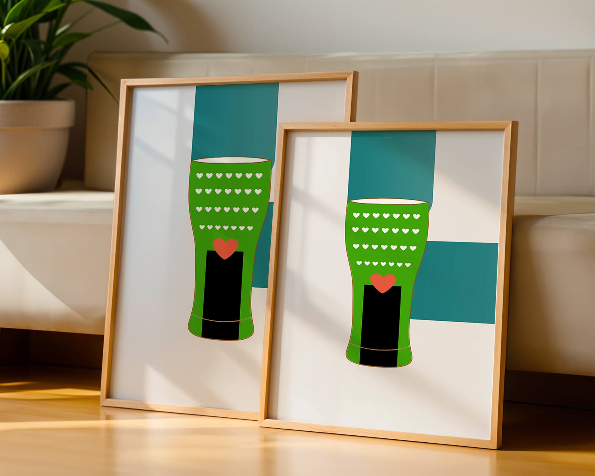 Green vase with heart pattern and minimalistic design