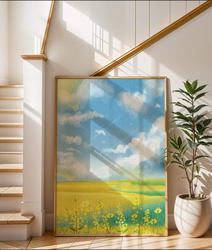 Sunny Meadow with Yellow Flowers and Blue Sky Scenic Art
