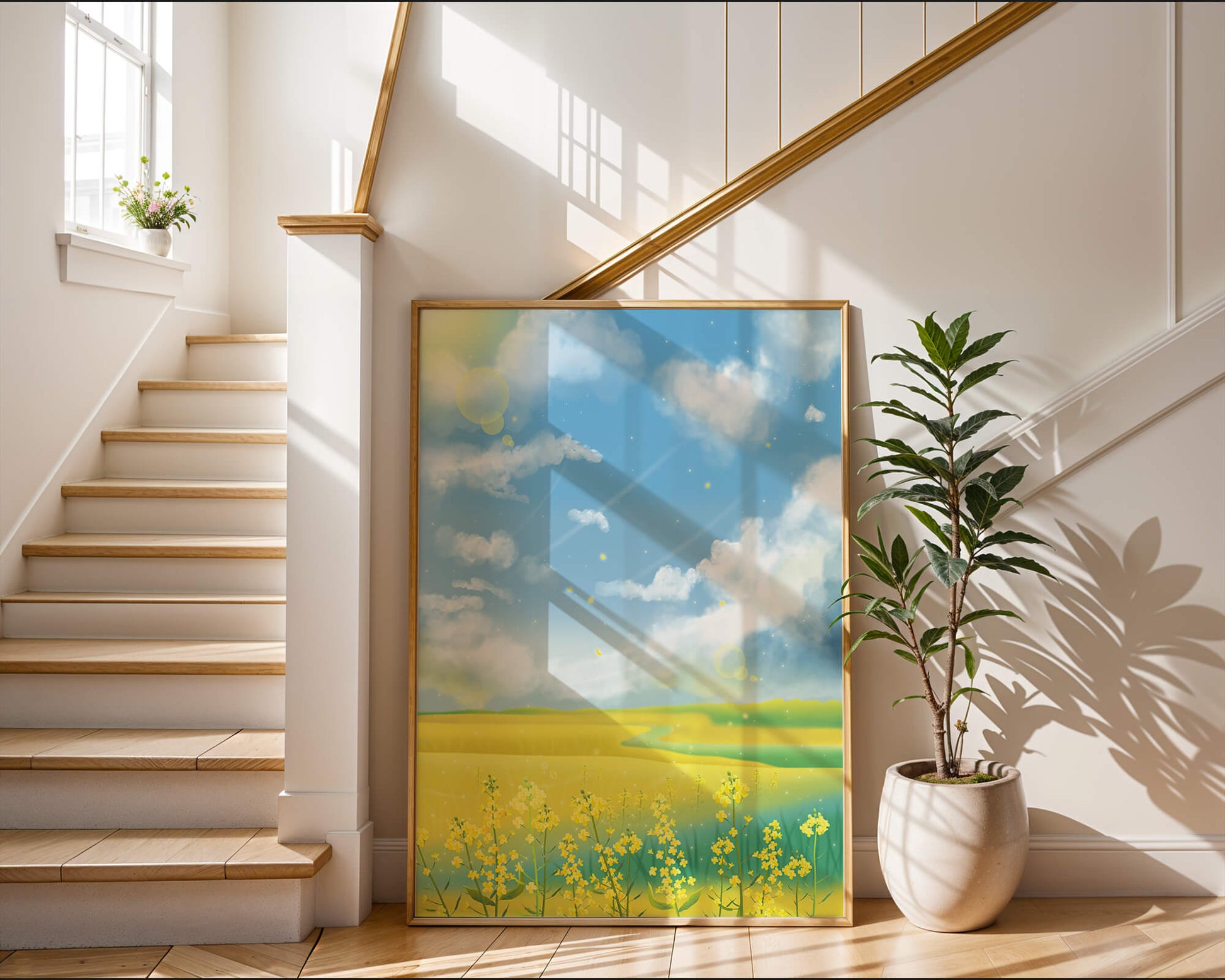 Sunny Meadow with Yellow Flowers and Blue Sky Scenic Art