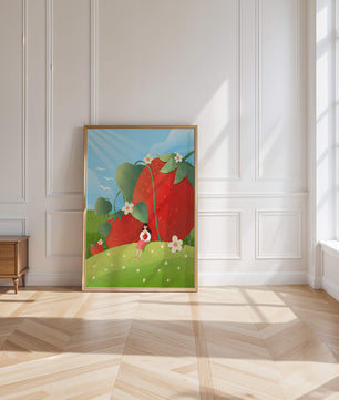 Paysage serein avec d'énormes fraises et une femme dans une prairie en fleurs