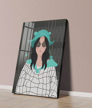 Illustration of a woman in a colorful hat and sunglasses