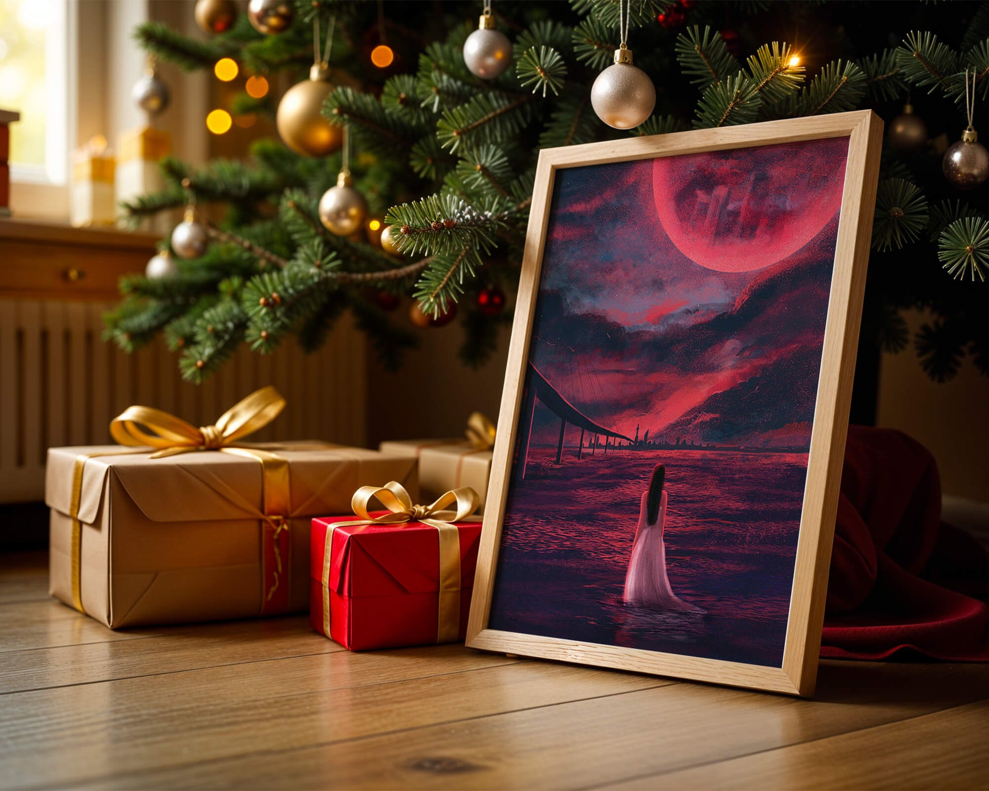 Dreamlike landscape with bridge and red night sky