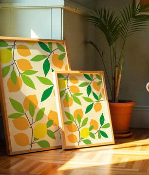 Vibrant lemon pattern with colorful leaves and citrus fruits