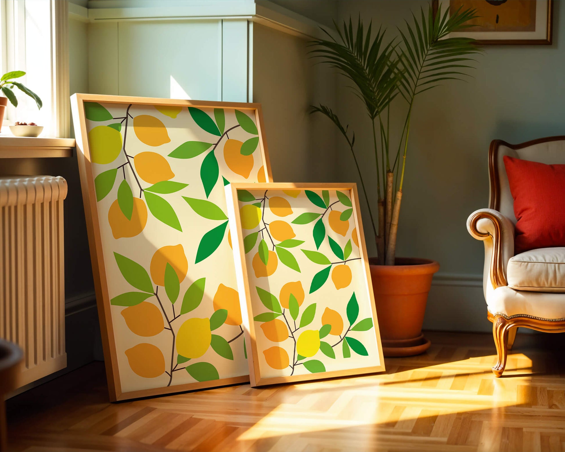 Vibrant lemon pattern with colorful leaves and citrus fruits