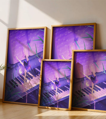 Graceful Ballerina Dancing on Piano Amidst Flowers and Musical Notes