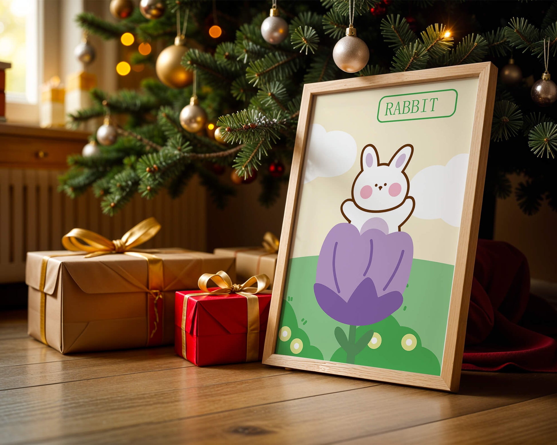 Ilustración caprichosa de un conejo adorable en una flor con colores pastel
