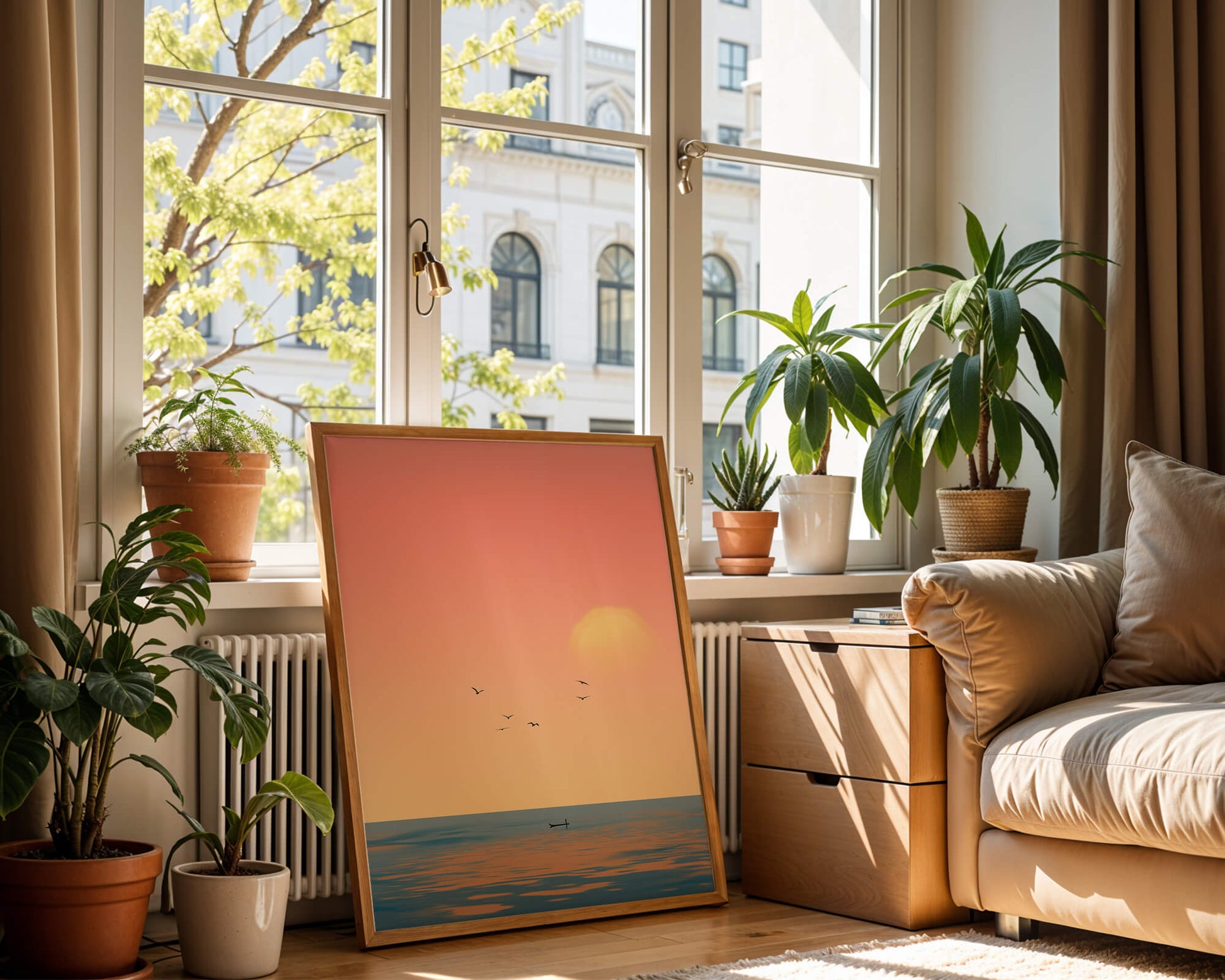 Tranquille coucher de soleil sur l'océan calme avec des oiseaux dans le ciel