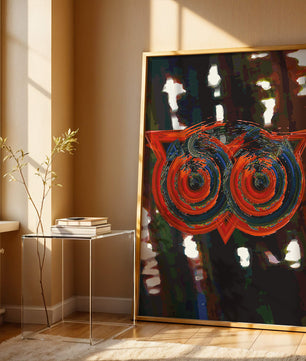 Abstract artwork featuring colorful geometric owl design