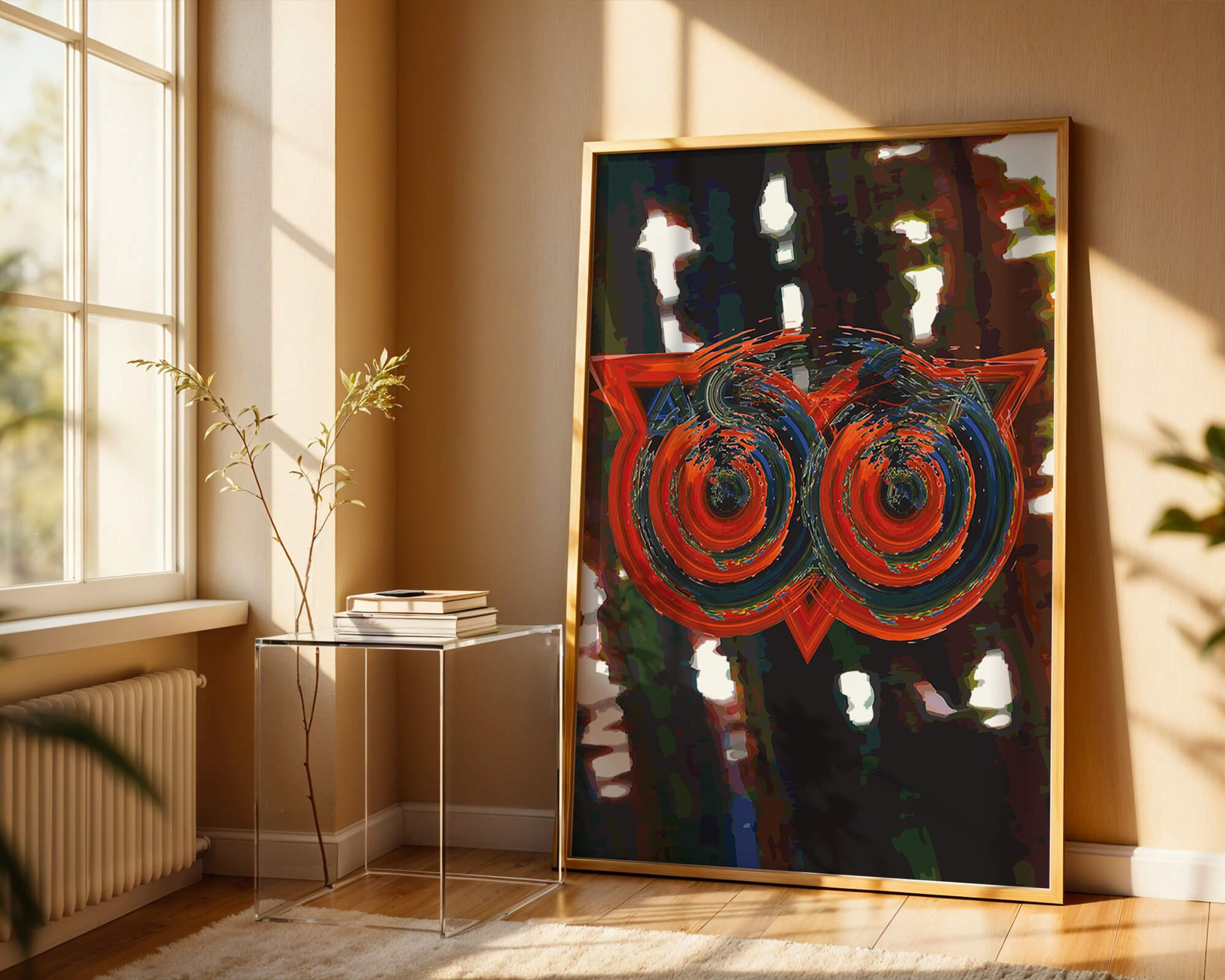 Abstract artwork featuring colorful geometric owl design