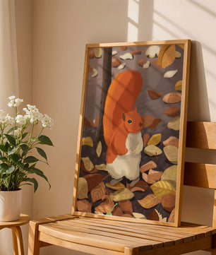 Ilustración de una ardilla adorable entre hojas de otoño