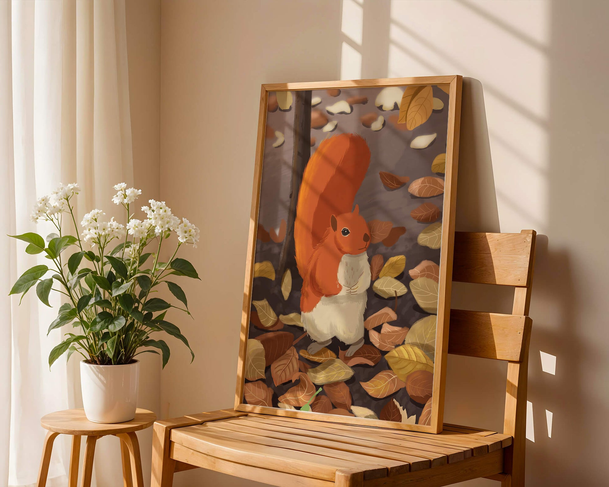 Illustration of a cute squirrel among autumn leaves